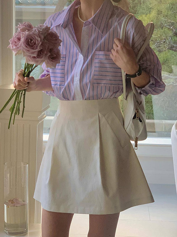 Buttoned Contrast Color Pockets Striped Long Sleeves Loose Lapel Blouses&Shirts Tops
