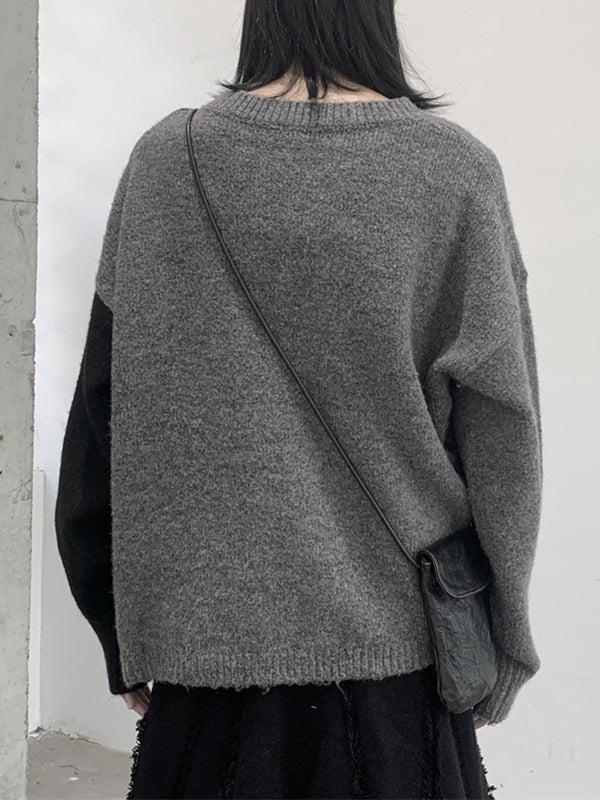 Asymmetric Buttoned Contrast Color Split-Joint Long Sleeves Loose Round-Neck Cardigan Tops