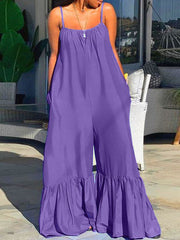 Pleated Pockets Solid Color Split-Joint Loose Sleeveless Spaghetti-Neck Jumpsuits