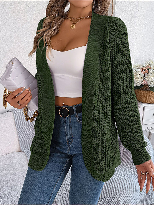 Pockets Solid Color Long Sleeves Loose Collarless Cardigan Tops