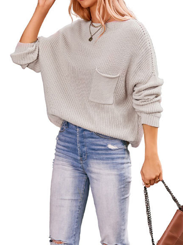 Pockets Solid Color Long Sleeves Loose Round-Neck Sweater Tops Pullovers