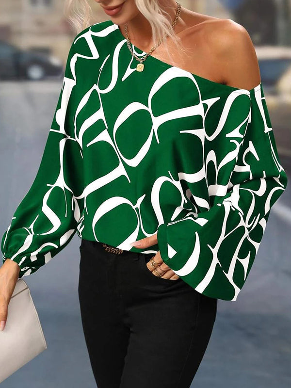 Asymmetric Letter Print Long Sleeves Loose One-Shoulder Blouses&Shirts Tops