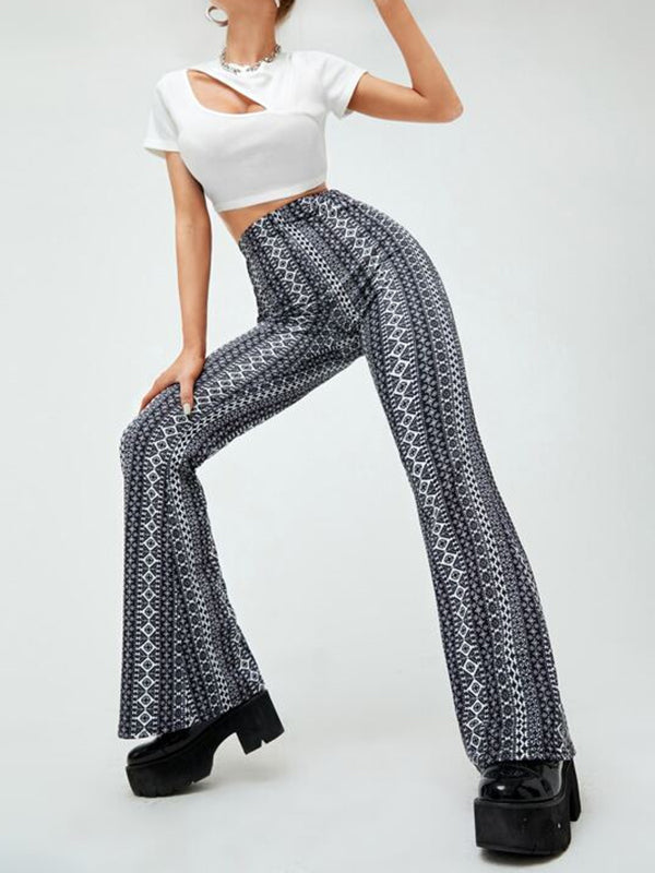 Elasticity Printed Split-Joint High Waisted Skinny Pants Flared Trousers
