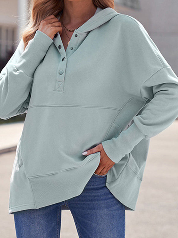 Buttoned Hooded Split-Joint Batwing Sleeves Long Sleeves V-Neck Hoodies Tops