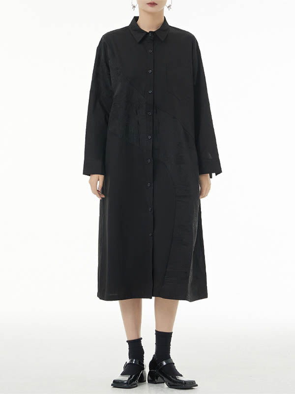 Asymmetric Buttoned Printed A-line Long Sleeves Lapel Shirt Dress Midi Dresses