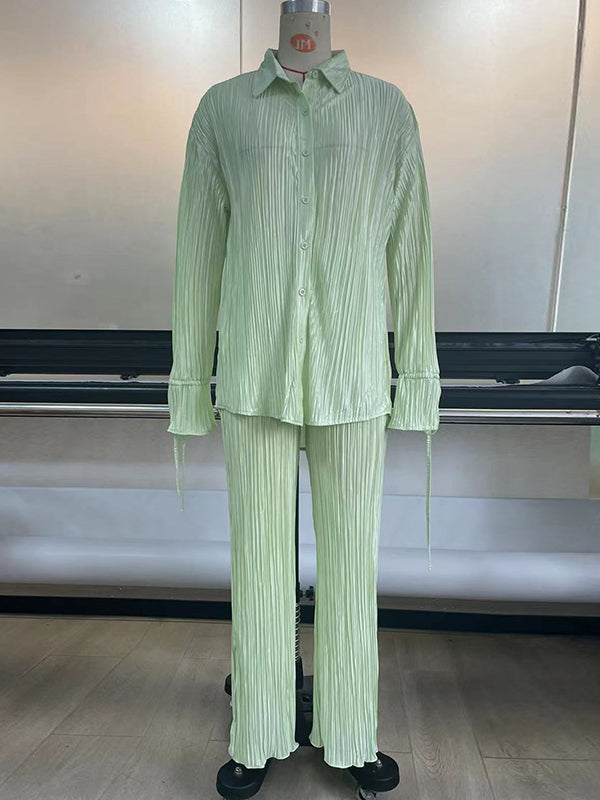 Solid Color Flared Sleeves Long Sleeves Buttoned Drawstring Pleated Split-Side Lapel Shirts Top + Pants Bottom Pajama Sets