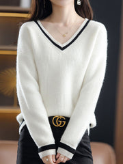 Urban Loose Long Sleeves Contrast Color V-Neck Sweater Tops