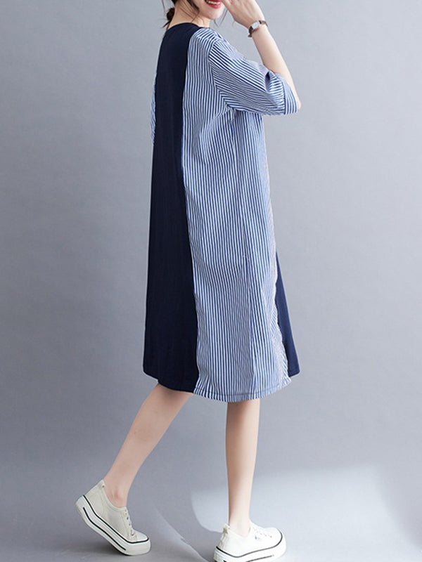 Split-Joint Striped Loose Short Sleeves Round-neck Midi Dresses