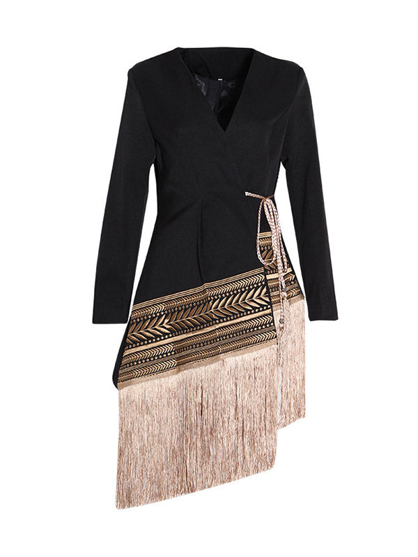 Asymmetric Embroidered Split-Joint Tasseled Tied Long Sleeves Loose V-Neck Outerwear Blazer