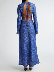 Backless Printed Split-Joint Tied Long Sleeves Loose Round-Neck Maxi Dresses