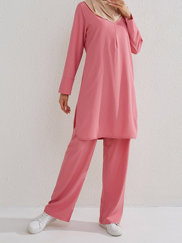 Round-Neck Long Sleeves Pockets Solid Color Split-Side Shirts Top + Pants Bottom Two Pieces Set