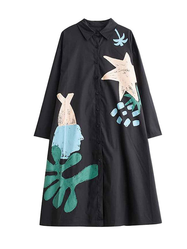 Buttoned Pockets Printed Split-Joint A-Line Long Sleeves Lapel Shirt Dress Midi Dresses