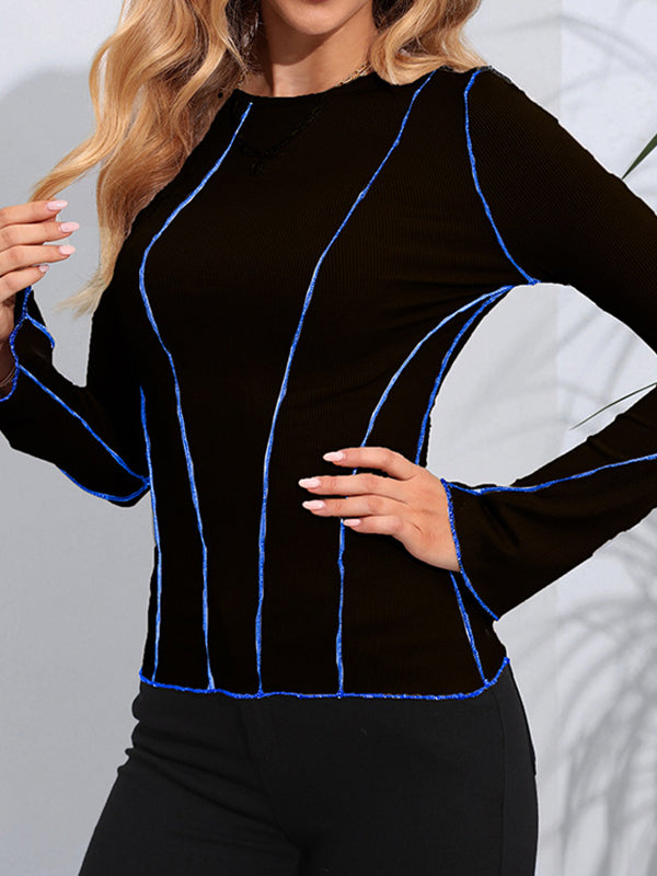 Split-Joint Flared Sleeves Long Sleeves Round-Neck T-Shirts Tops