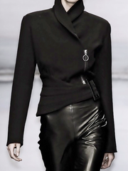 Solid Color Zipper Irregularity Stand Collar Jackets