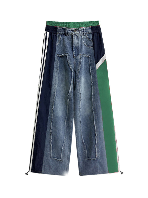 Contrast Color Drawstring Elasticity Fringed Split-Joint Loose Wide Leg Jean Pants Bottoms