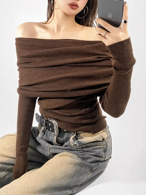 Pleated Solid Color Split-Joint Long Sleeves Skinny Off-the-shoulder Pullovers Knitwear