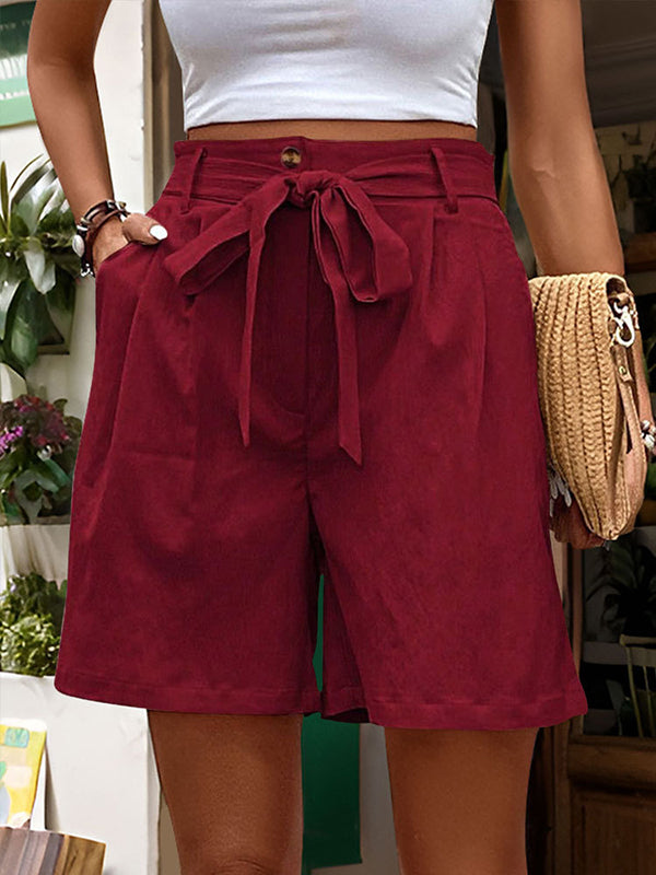 Buttoned Elasticity Pleated Pockets Tied Waist High Waisted Loose Shorts Bottoms