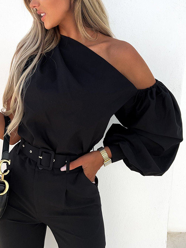 Asymmetric Elasticity Solid Color Long Sleeves Loose One-shoulder Blouses&shirts Tops