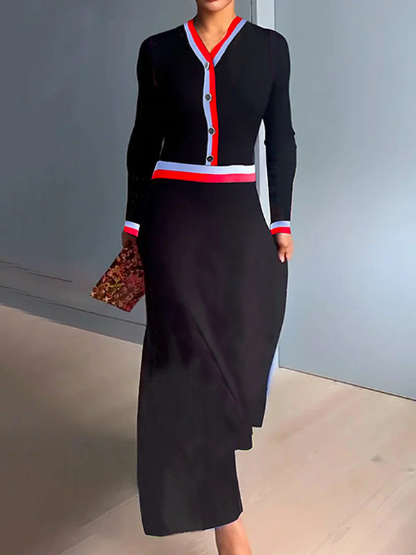 Buttoned Contrast Color A-Line Long Sleeves V-Neck Maxi Dresses