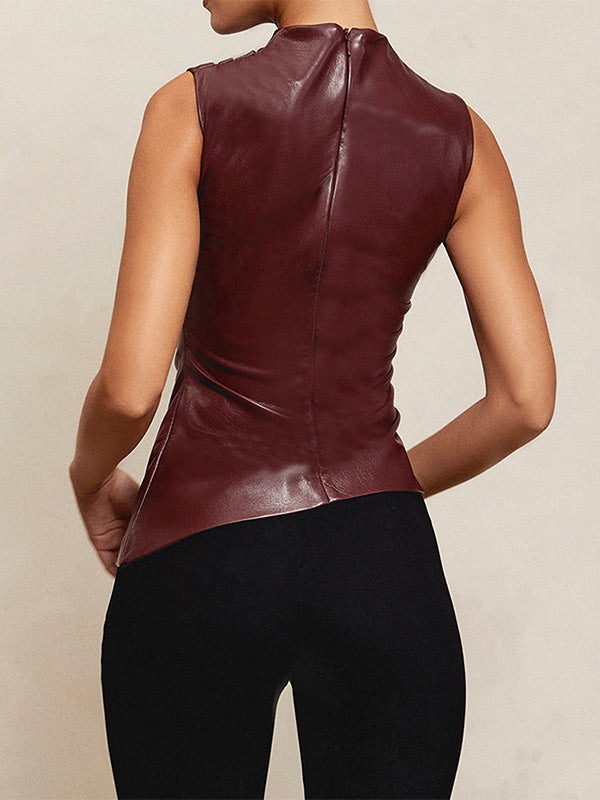 Asymmetric Pleated Solid Color Skinny Sleeveless Mock Neck Vest Top