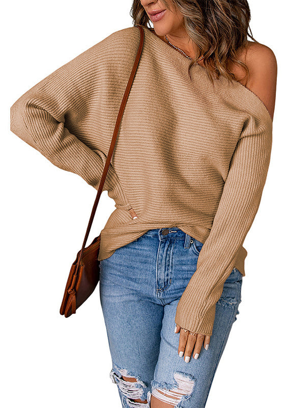 Asymmetric Solid Color Long Sleeves Loose One-Shoulder Sweater Tops Pullovers