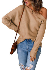 Asymmetric Solid Color Long Sleeves Loose One-Shoulder Sweater Tops Pullovers