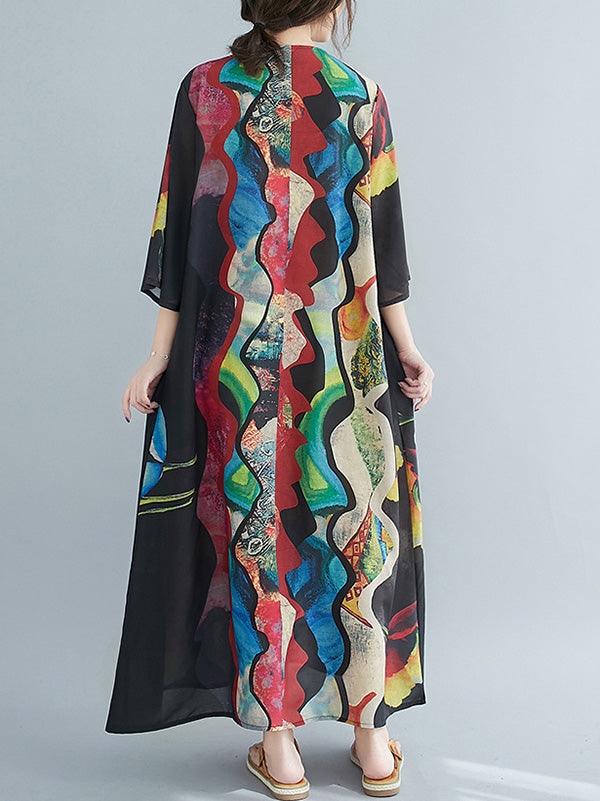 Loose Abstract Printed V-Neck Dress