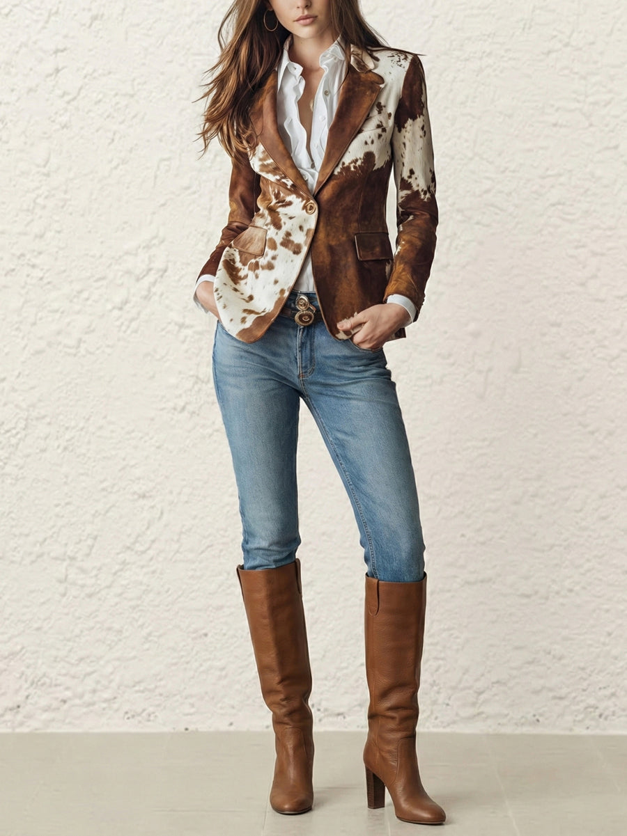 Buttoned Contrast Color Pockets Printed Split-Back Long Sleeves Notched Collar Outerwear Blazer