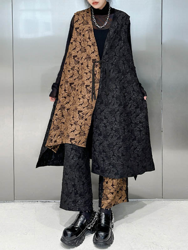Jacquard A-Line High-Low Asymmetric Contrast Color Vest Top + Elasticity Pants Bottom Two Pieces Set