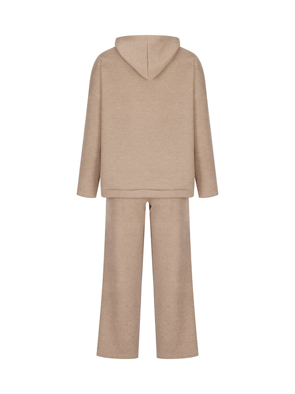 Solid Color Loose Round-Neck Hooded Long Sleeves Sweater Top + Drawstring Pants Bottom Two Pieces Set