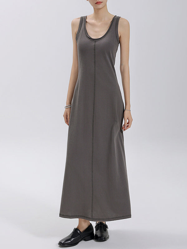Solid Color Split-Joint Loose Sleeveless Round-Neck Maxi Dresses