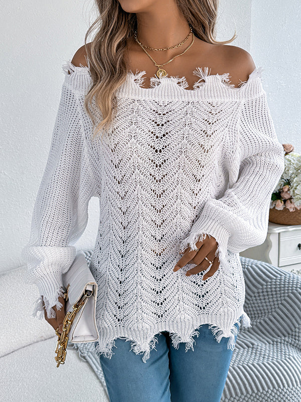 Hollow Knitted Leaves Ribbed Knit See-Through Solid Color Long Sleeves Off-The-Shoulder Sweater Tops