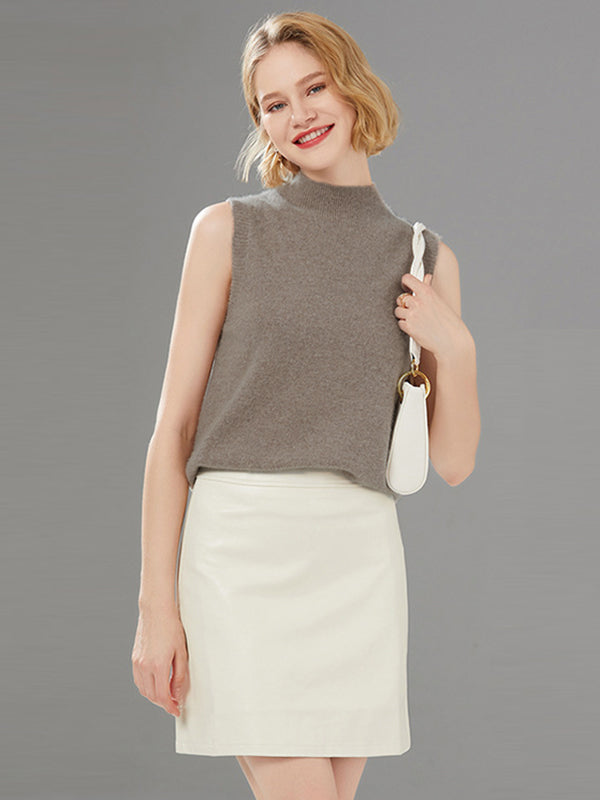 Stylish Wool Sleeveless Solid Color Half Turtleneck Vest Top
