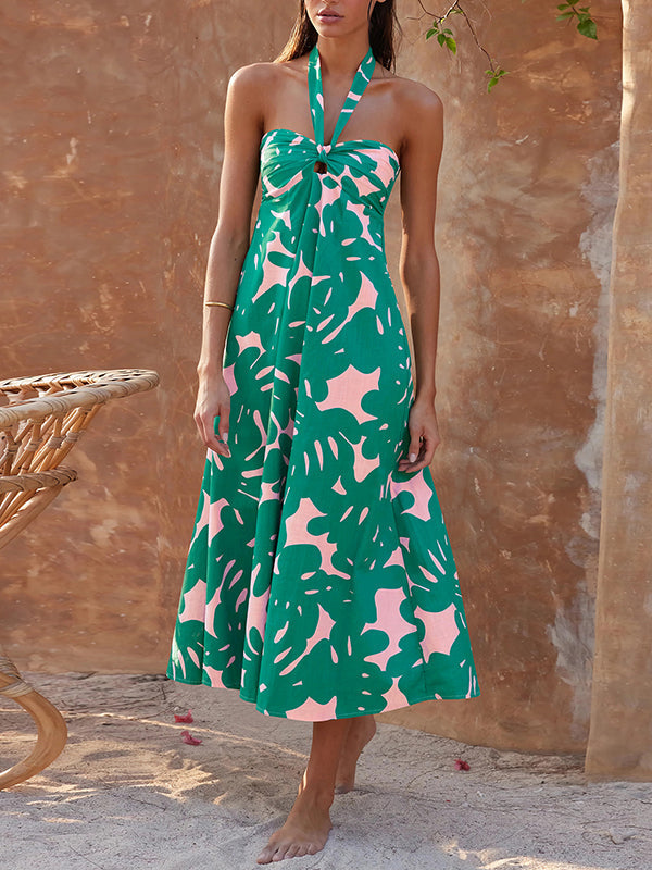 Hollow Printed Split-Joint A-line Loose Halter-Neck Midi Dresses
