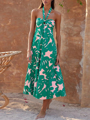 Hollow Printed Split-Joint A-line Loose Halter-Neck Midi Dresses