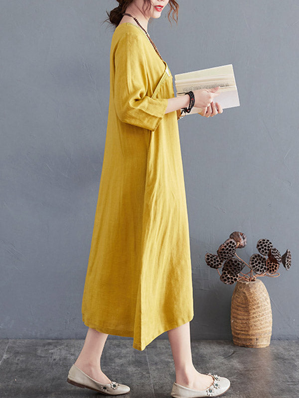 Cotton Blend V-Neck Embroidered Midi Dress