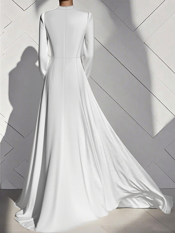 Pleated Solid Color Zipper A-Line High Waisted Mock Neck Maxi Dresses