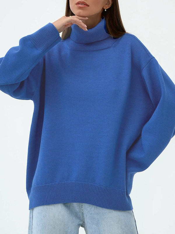 Solid Color Split-Joint High-Low Long Sleeves High Neck Sweater Tops