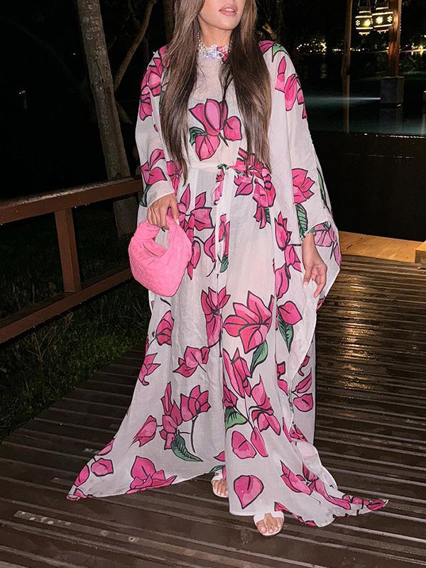 Flower Print Split-Joint Split-side Tied Waist Batwing Sleeves Long Sleeves Round-neck Maxi Dresses