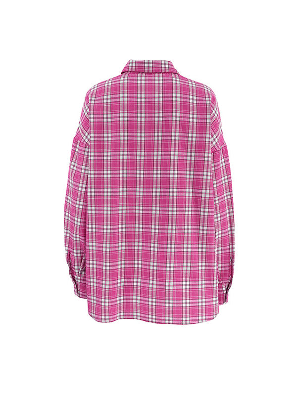 Buttoned Plaid Pockets Long Sleeves Loose Lapel Blouses&Shirts Tops