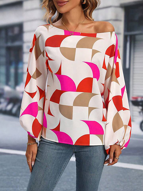 Asymmetric Elasticity Printed Long Sleeves Loose One-Shoulder Blouses&Shirts Tops