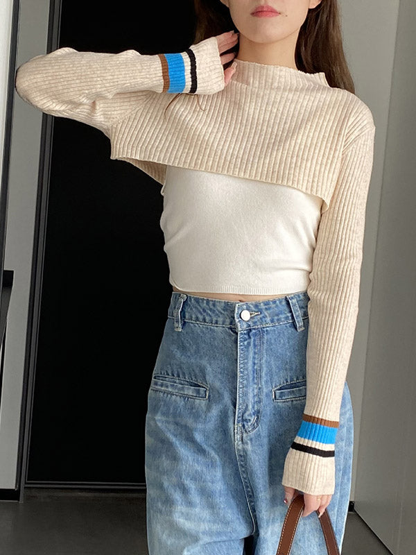 Contrast Color Long Sleeves Loose Round-Neck Two Pieces Set Cover-Ups Tops