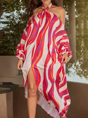 Printed High-low Long Sleeves Halter-Neck Maxi Dresses