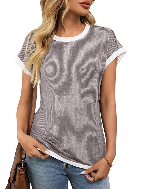 Colorful Contrast Color Pockets Loose Short Sleeves Round-neck T-Shirts Tops