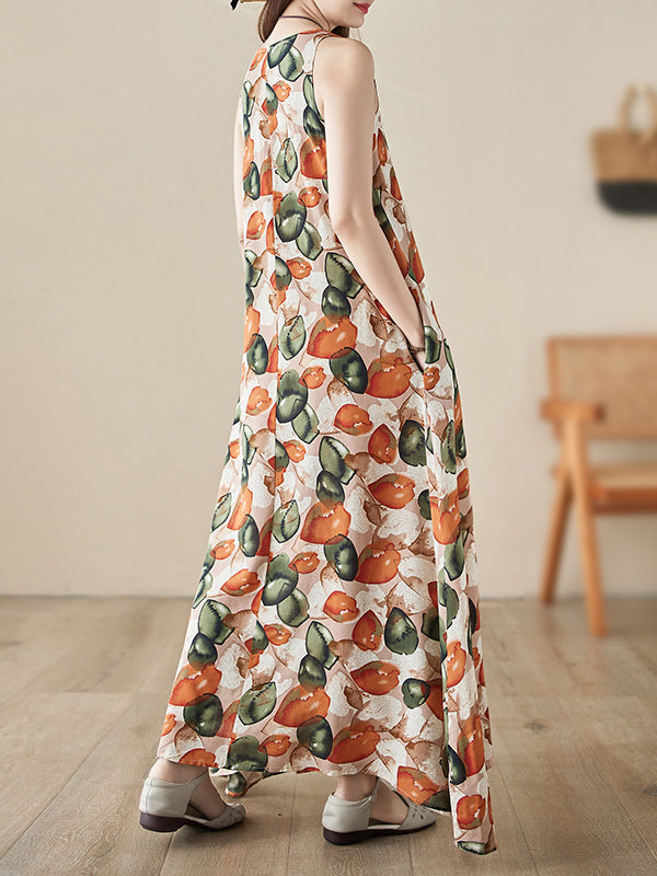 Printed Loose Sleeveless Round-Neck Midi Dresses