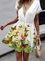 Butterfly Print Elasticity Hollow Split-Joint Tasseled Tied Waist A-Line Loose V-Neck Mini Dresses