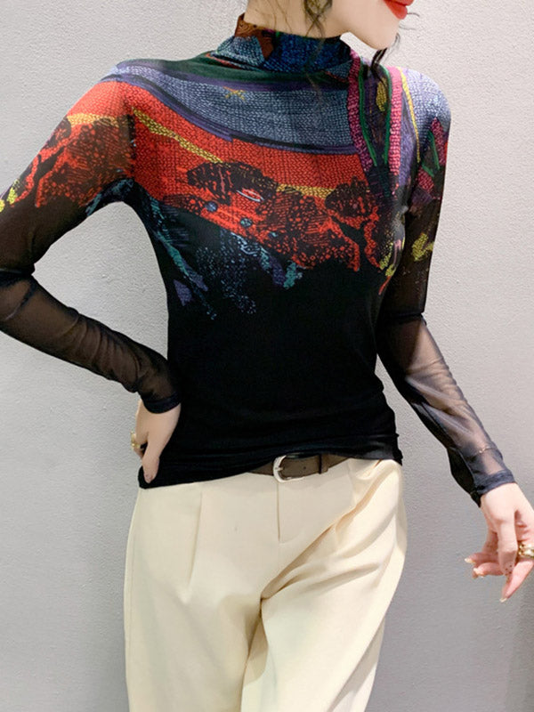 Printed See-Through Split-Joint Long Sleeves Plus Size High Neck T-Shirts