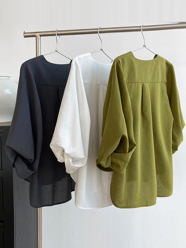 Pleated See-Through Solid Color Split-Joint High-Low Loose Round-Neck Blouses