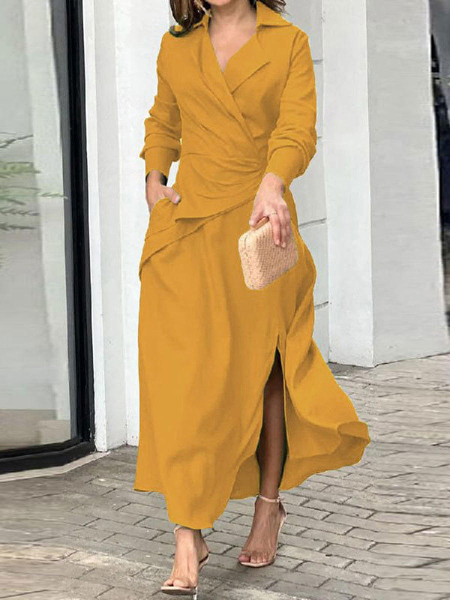 Pleated Pockets Solid Color Split-Joint Split-Side Elasticated Waist High Waisted Lapel Maxi Dresses