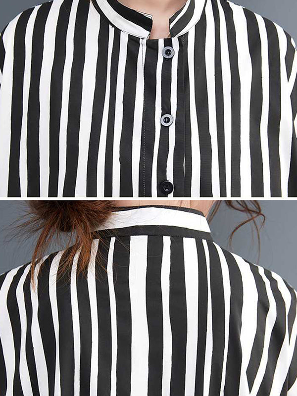 Buttoned Split-Joint Striped Long Sleeves Loose Mock Neck Midi Dresses